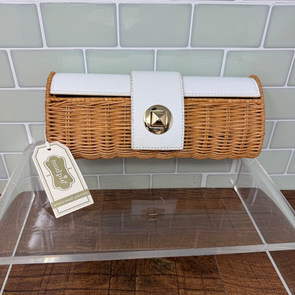 NWT Mud Pie Rachel White Faux Leather Woven Rattan Clutch Bag Gold Turn Lock